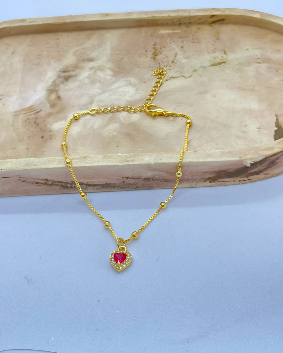 Pulseira Coração Rosa Bolinha