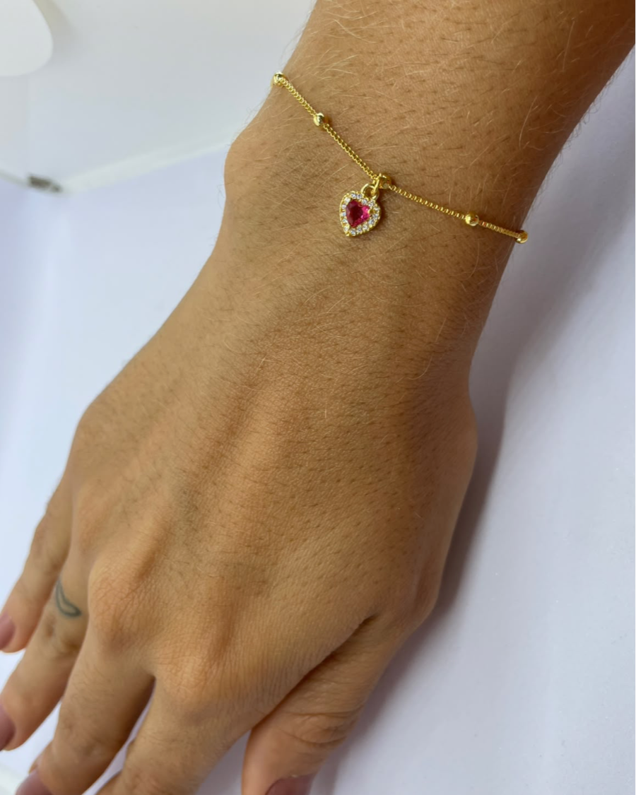 Pulseira Coração Rosa Bolinha